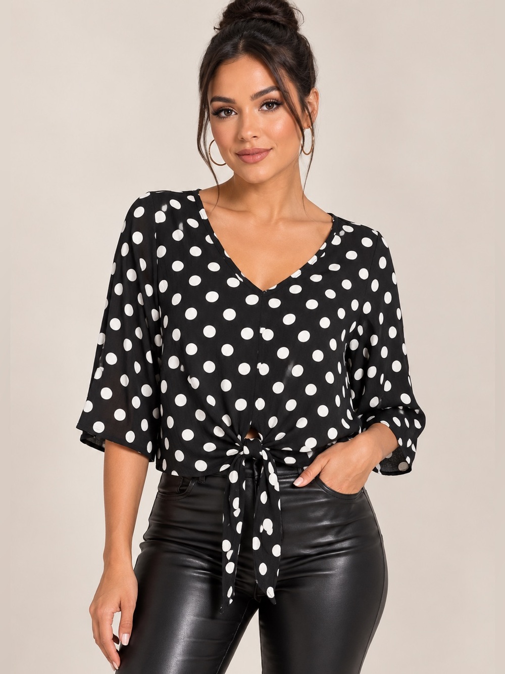Polka Dot Tie-Front V-Neck Blouse in Black and White